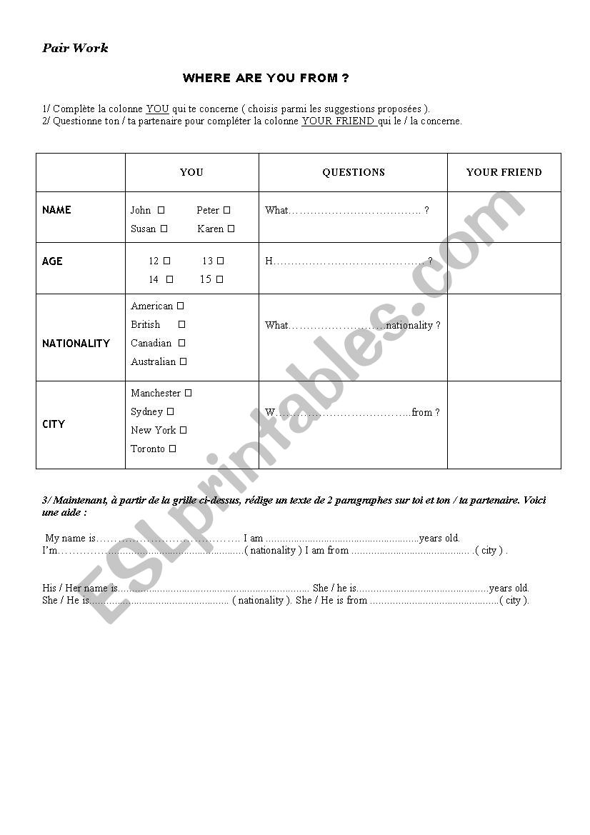 Where are you from? Pair work worksheet
