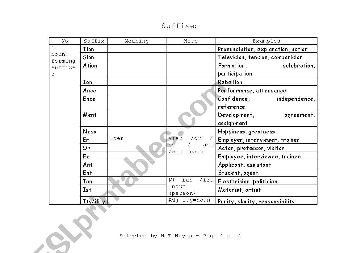 Table of suffixes worksheet