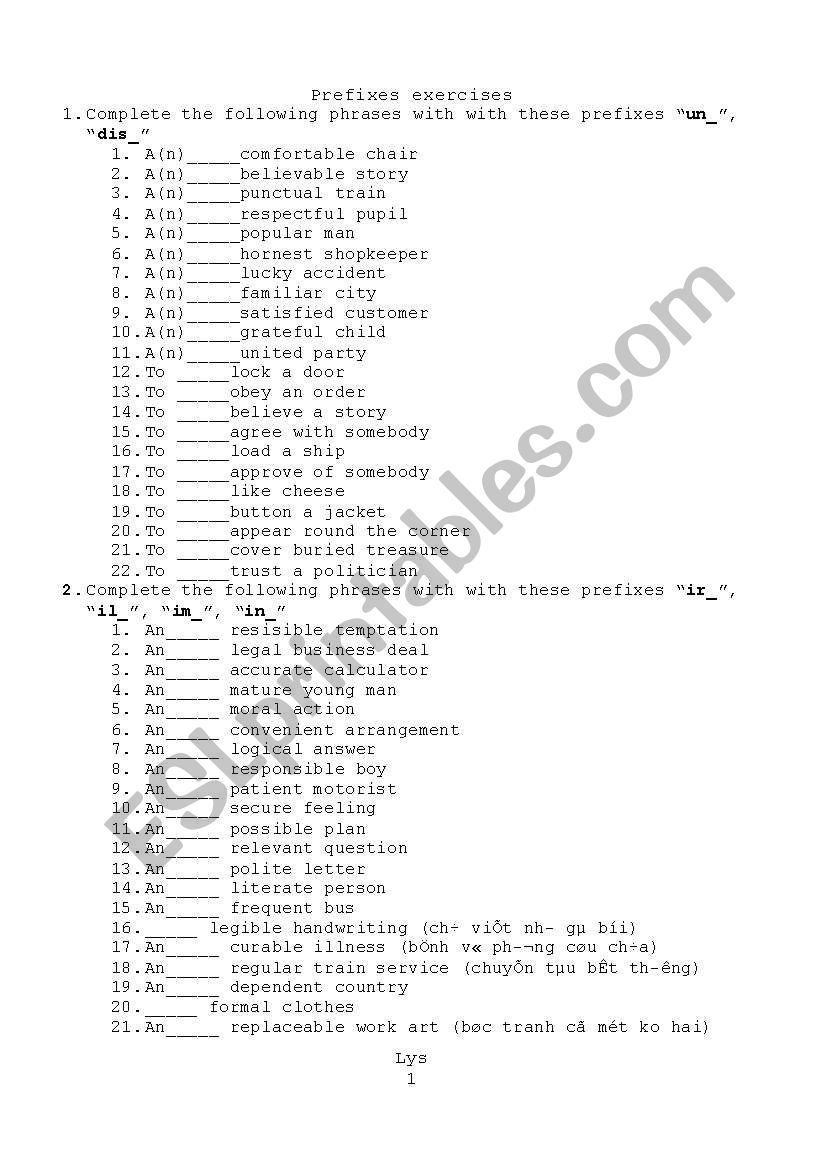 prefixes exercises worksheet