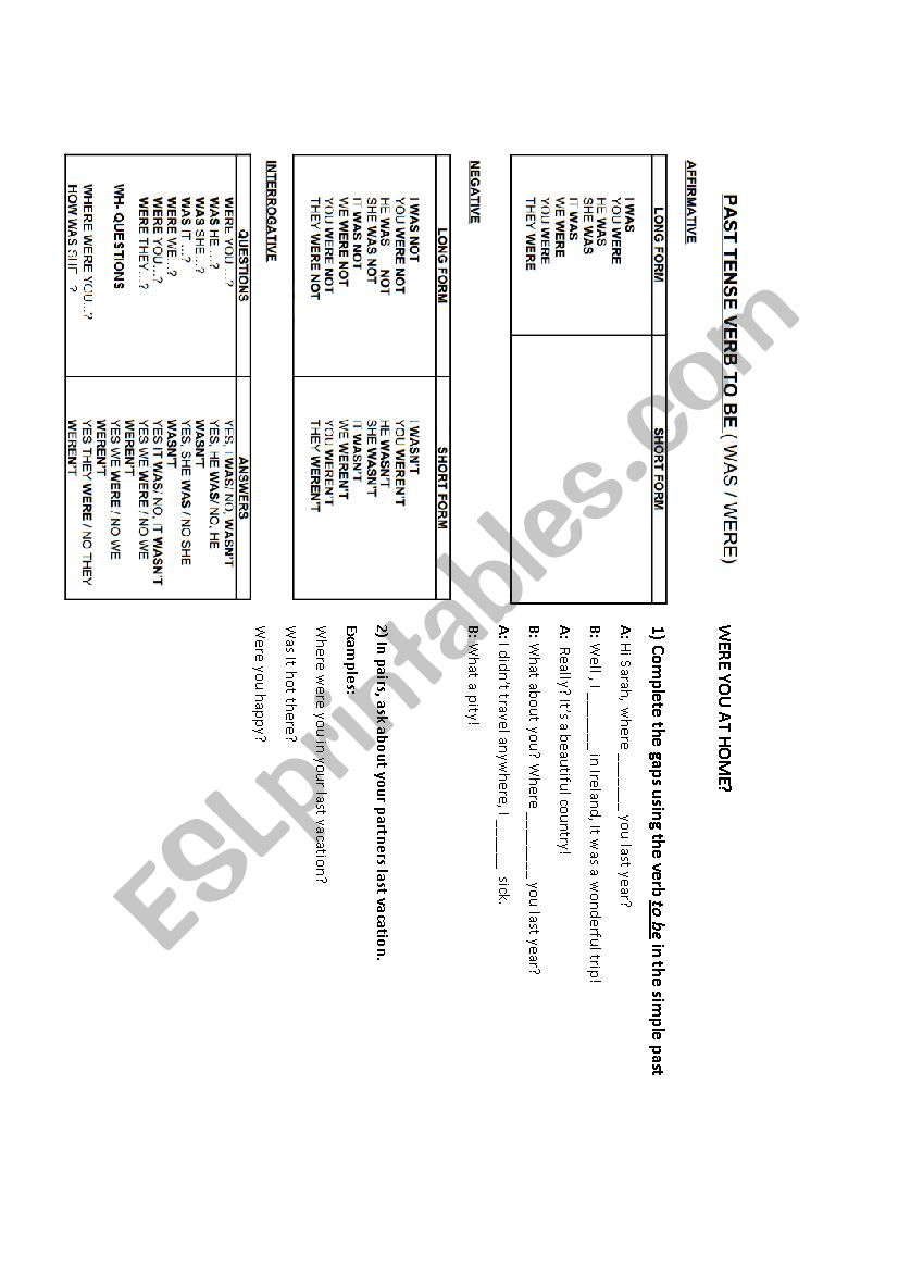 Past Tense - Verb To Be worksheet