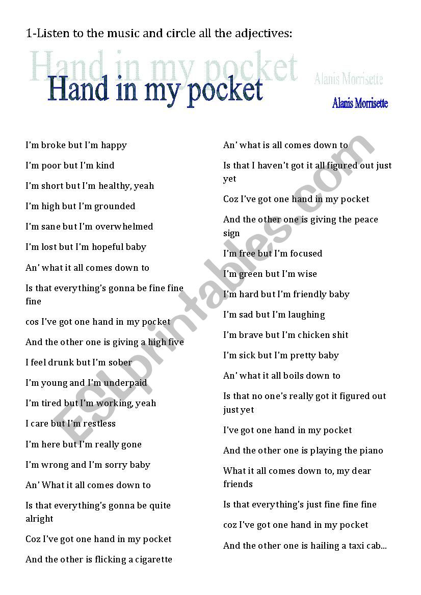 Hand in my pocket worksheet
