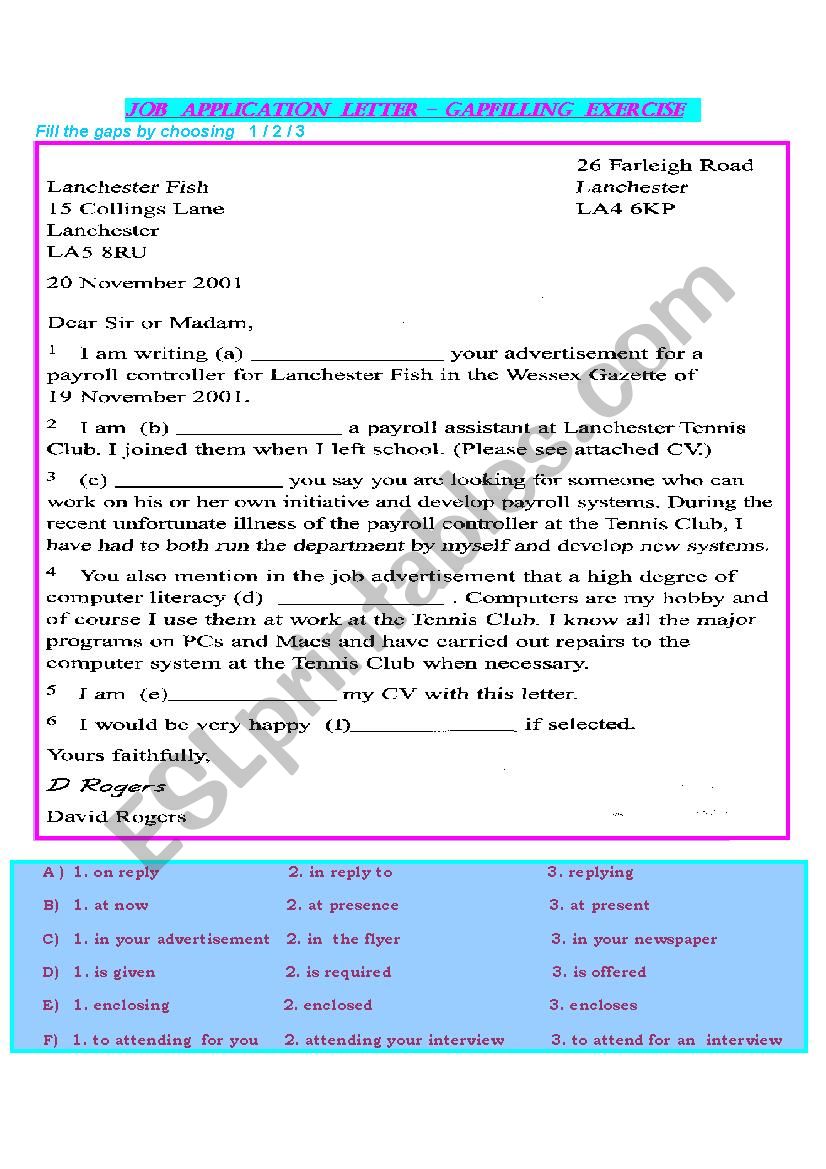 job application letter - gapfilling exercise