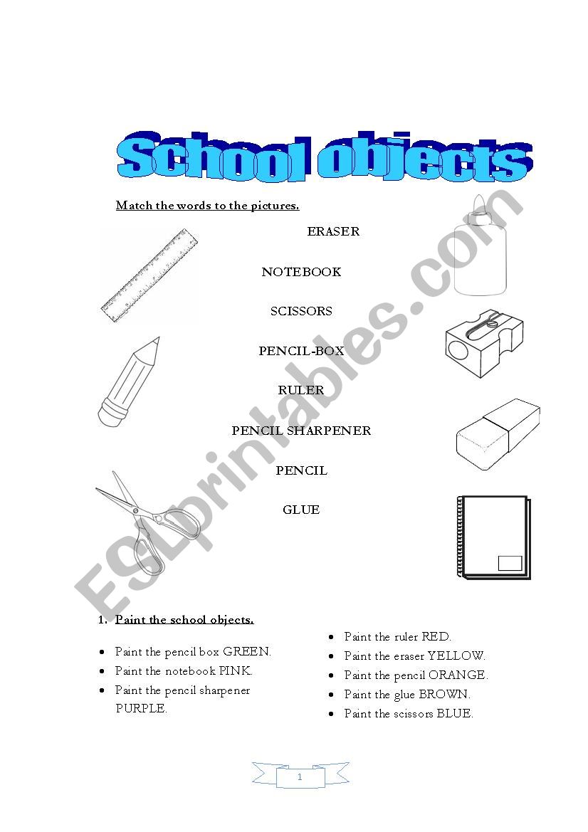 school objects worksheet