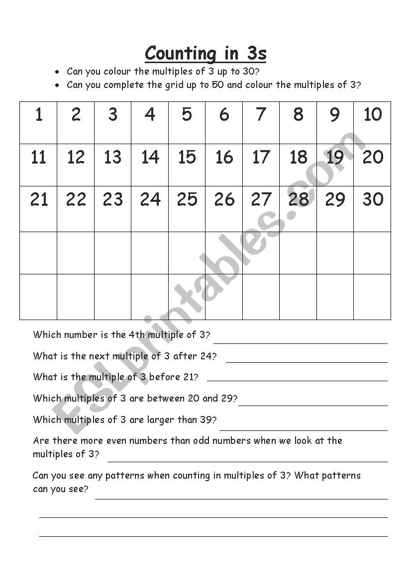 Counting in 3s worksheet