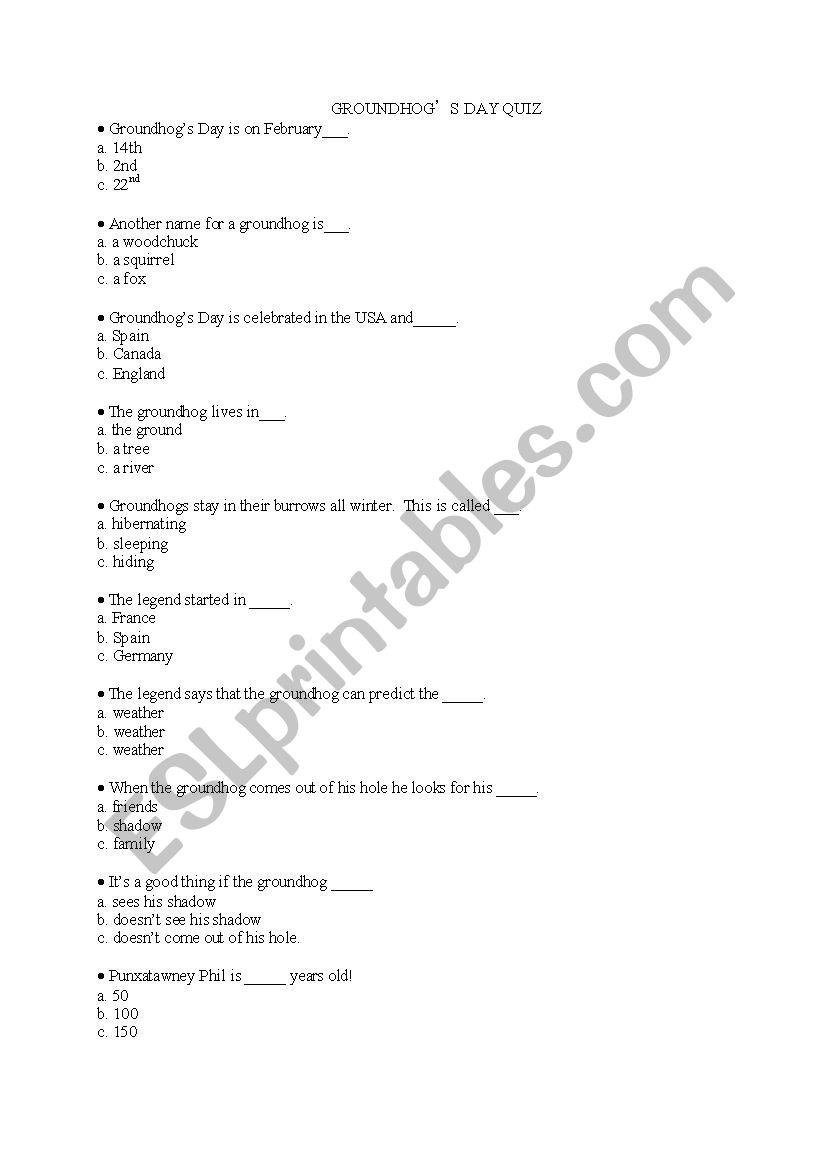 Groundhogs Day Quiz (to accompany pwpt)