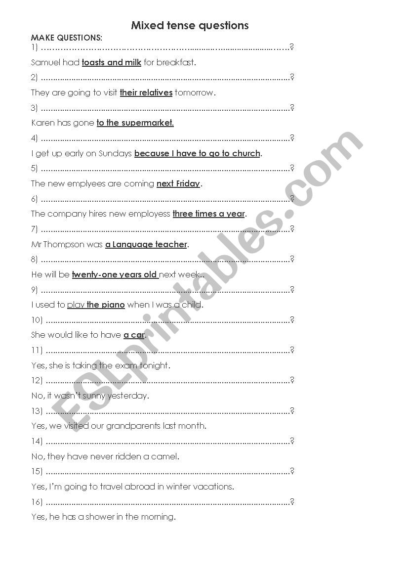 Mixed Tense Questions worksheet