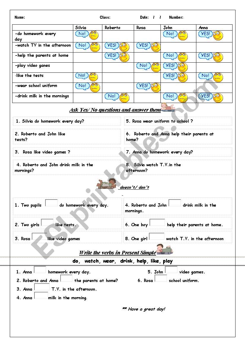 Yes/No Question worksheet