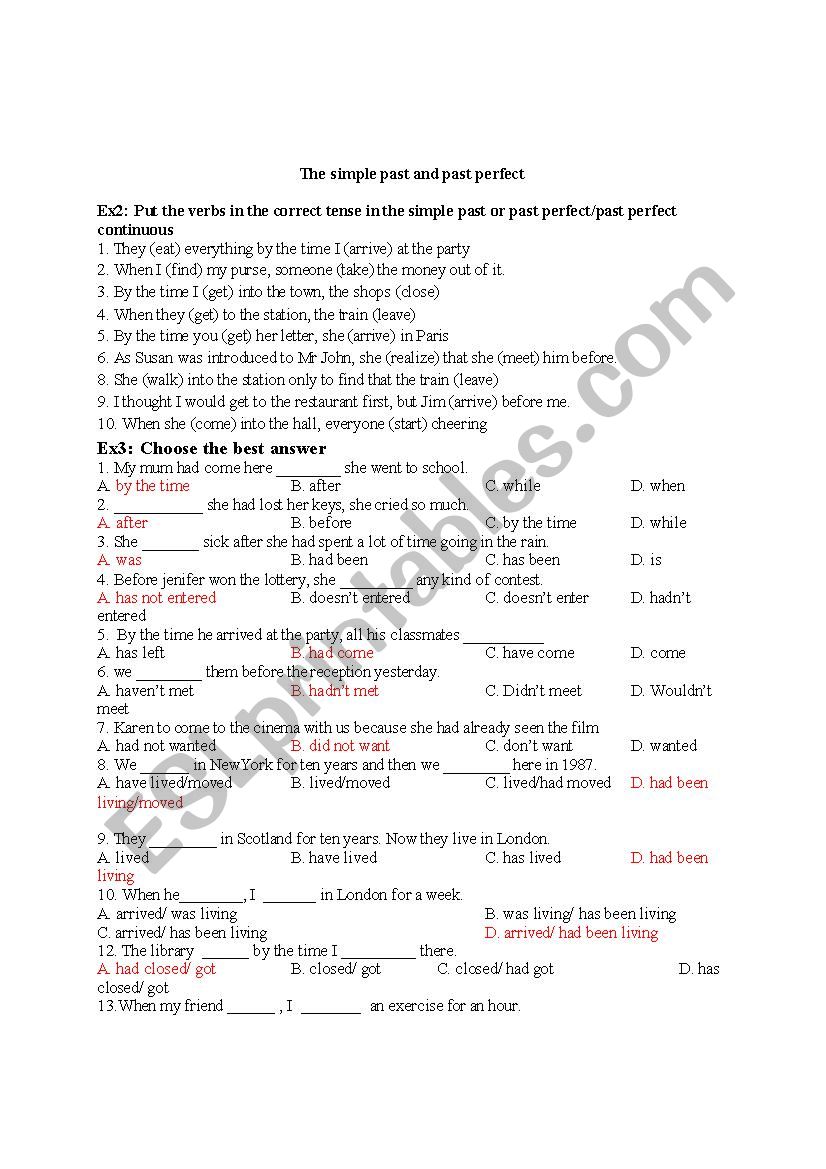 simple past and past perfect  worksheet