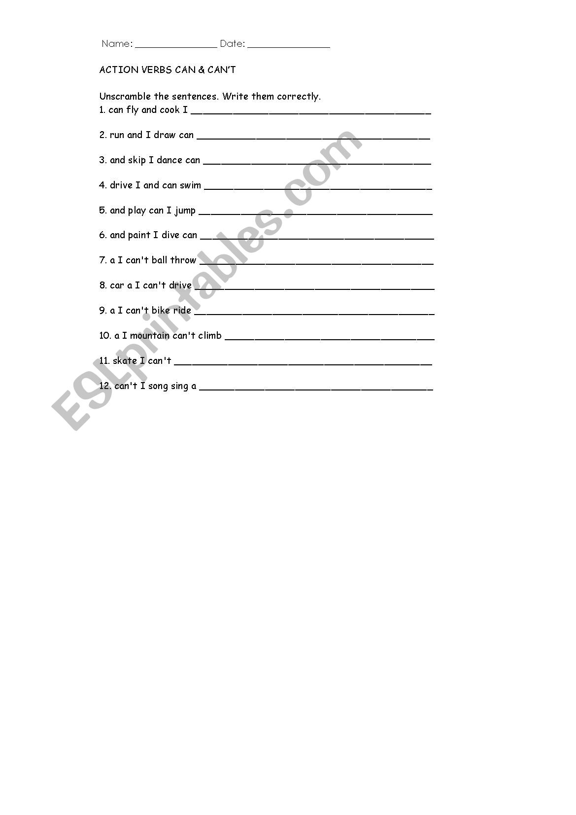 Action Verbs Can & Cant worksheet