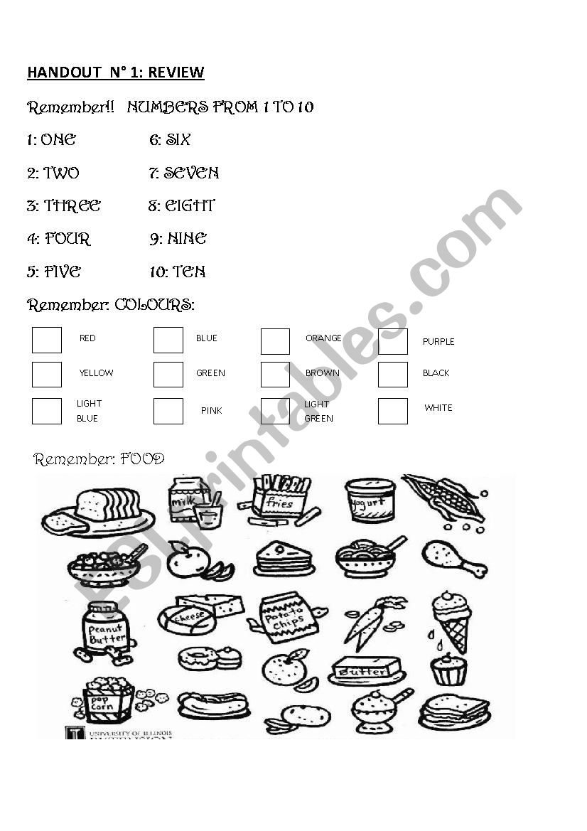 review colours, numbers and food 