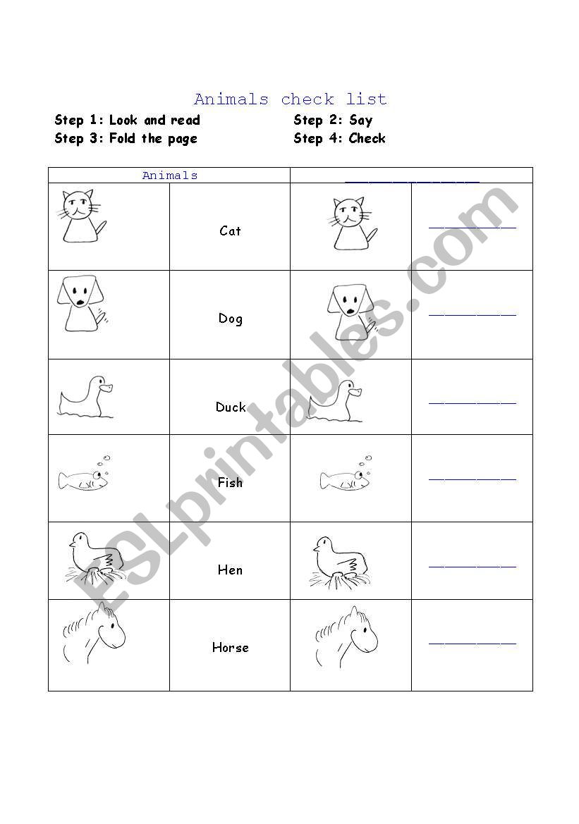 Animals check list worksheet