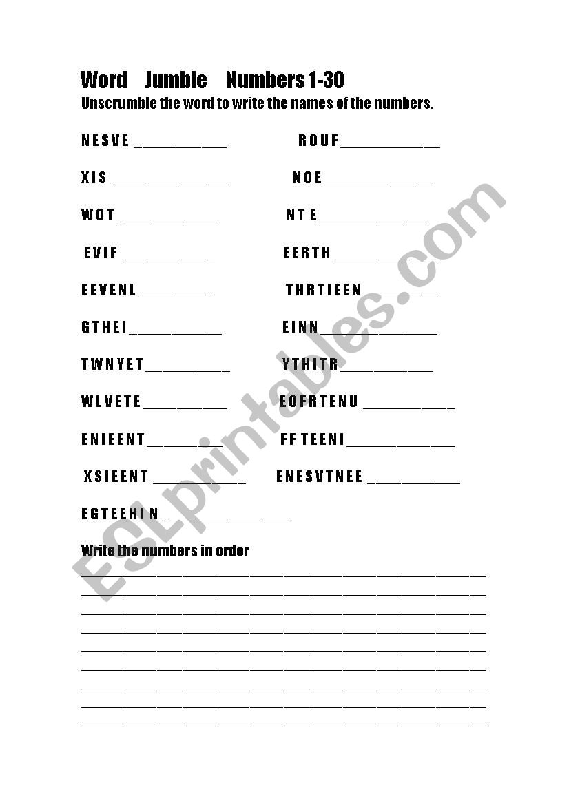 Word Jumble 1-30 worksheet