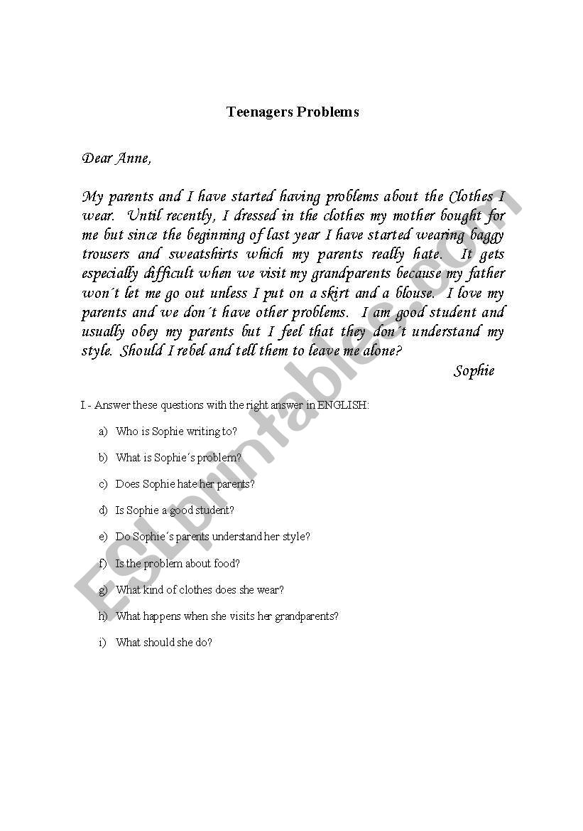 Teenagers Problems worksheet