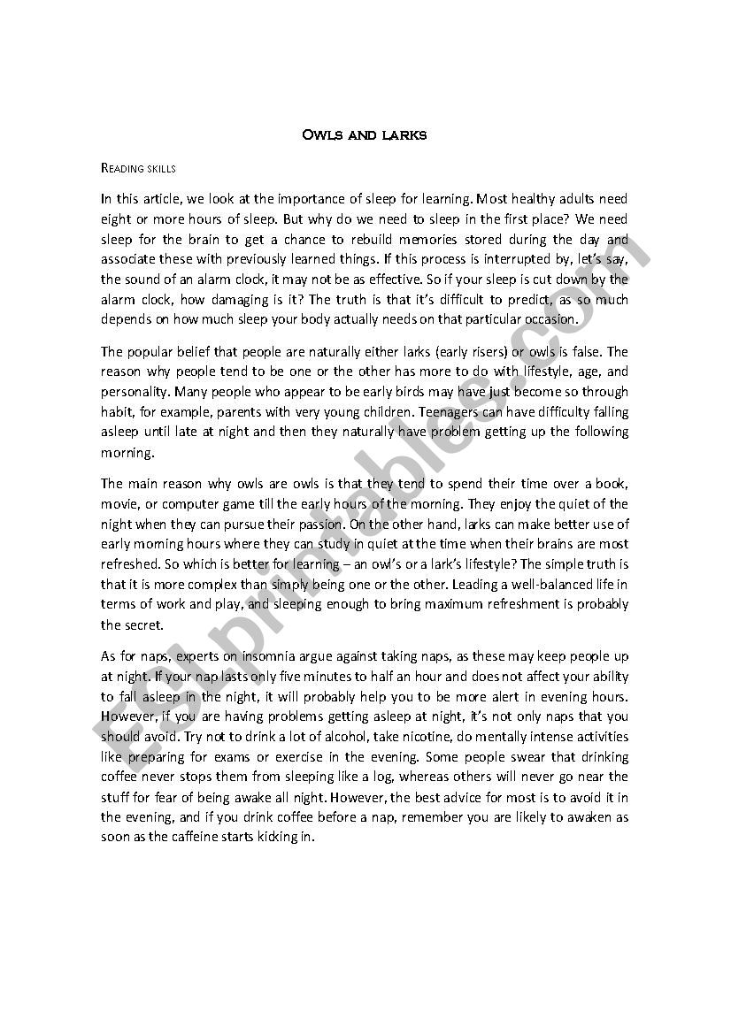 Owls and larks worksheet