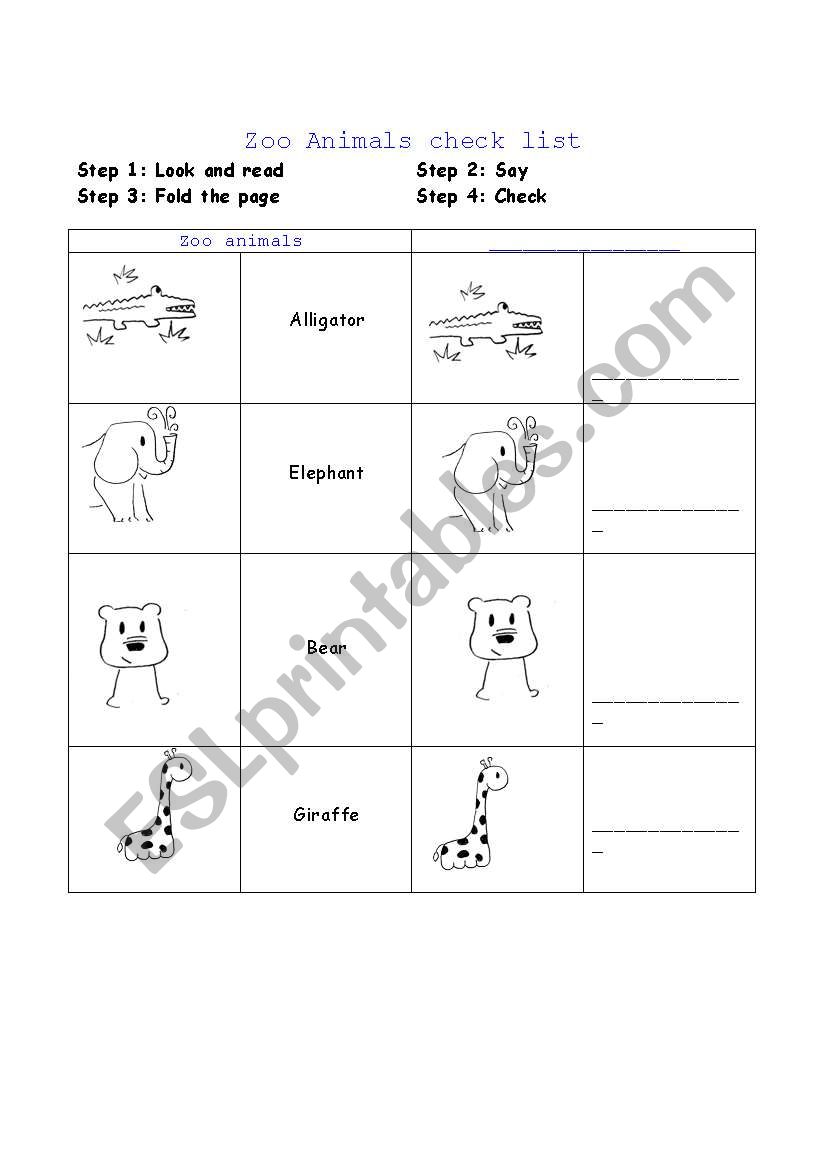 Zoo animals check list worksheet