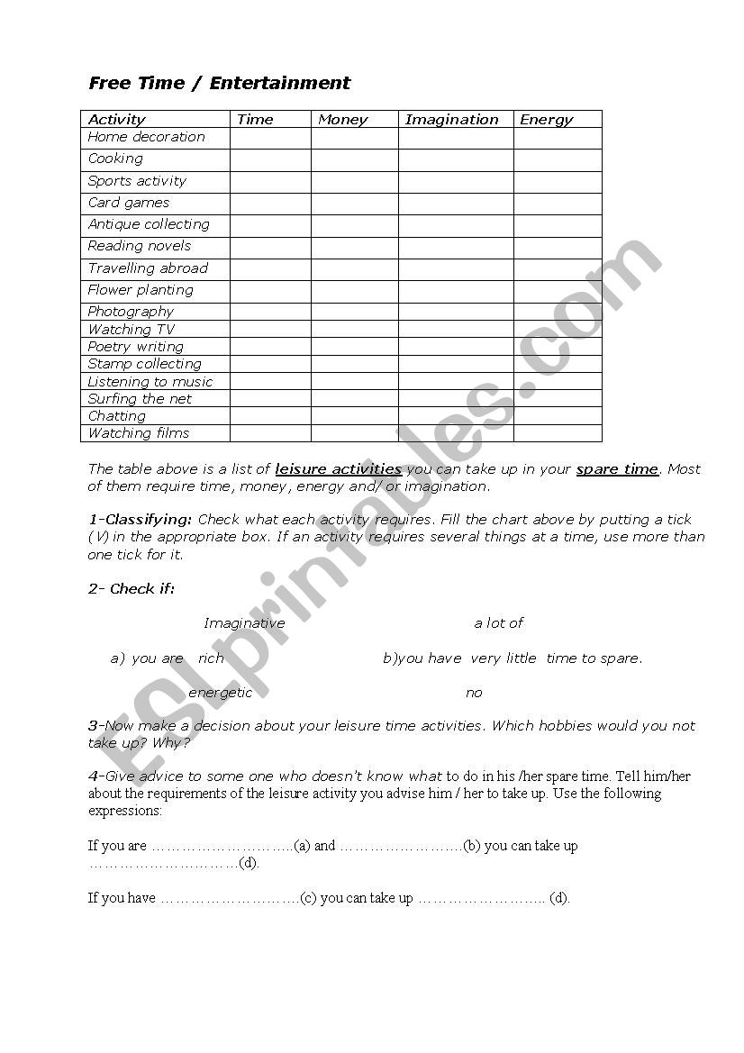 sports section activities worksheet