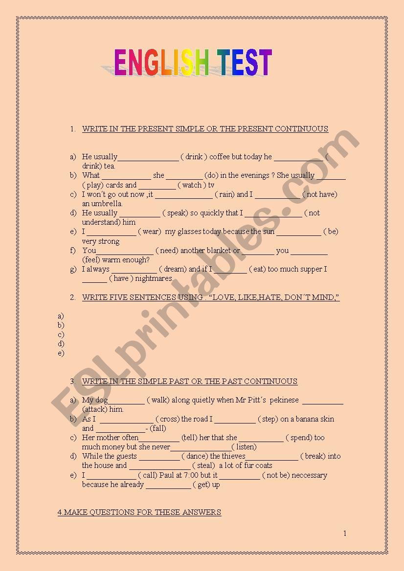 english test low intermediate worksheet