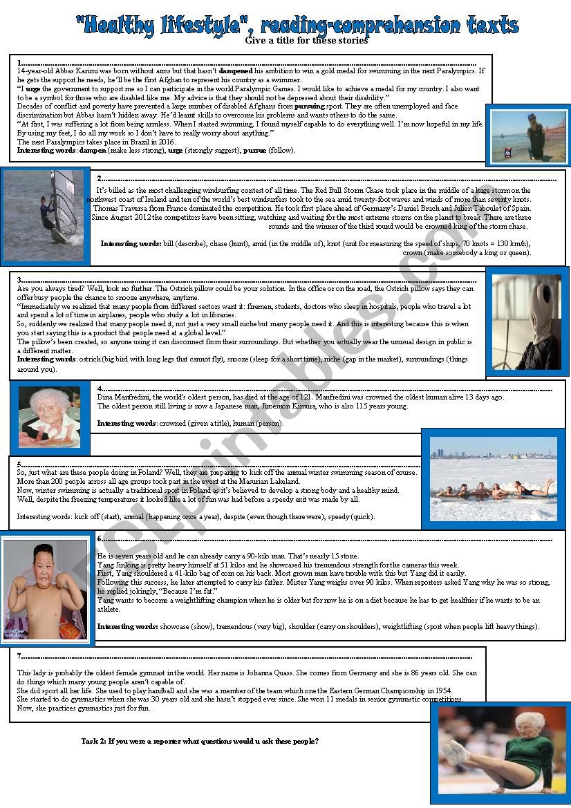 Healthy lifestyle, reading-comprehension texts
