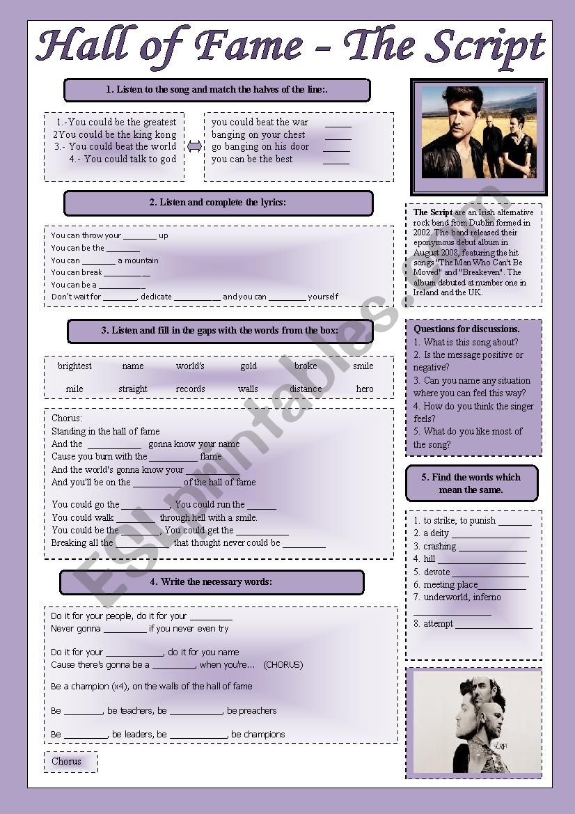 Halls of Fame - Song worksheet