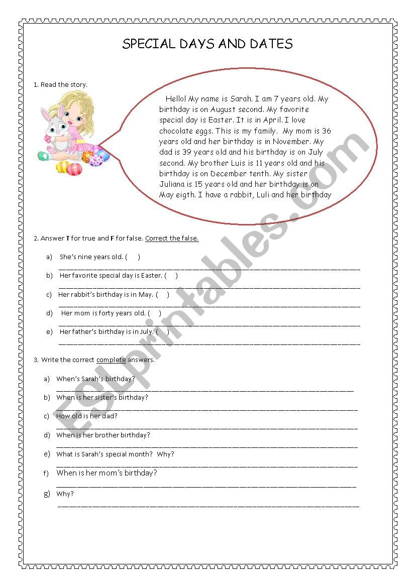Special days and dates worksheet
