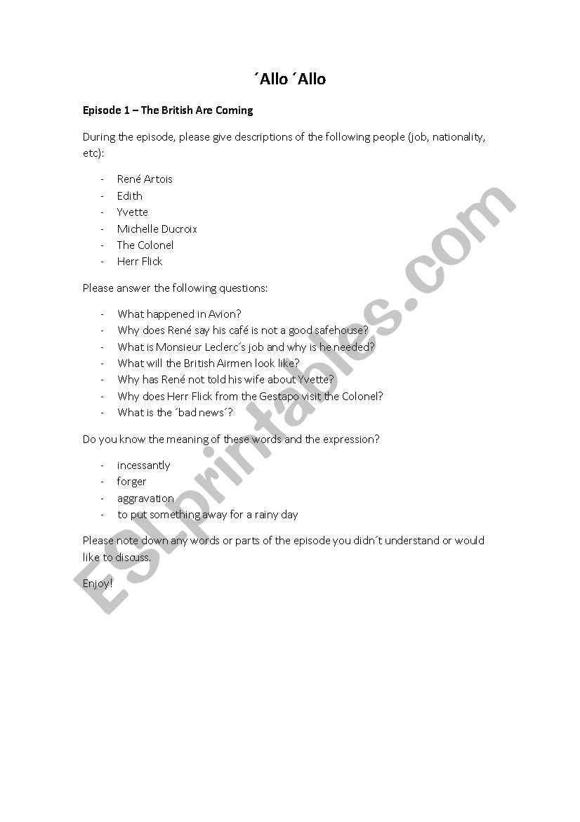 Allo Allo episode 1 worksheet