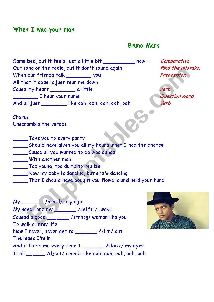 Working with grammar and phonetics : song : When I was your man (Bruno Mars) - with answer key