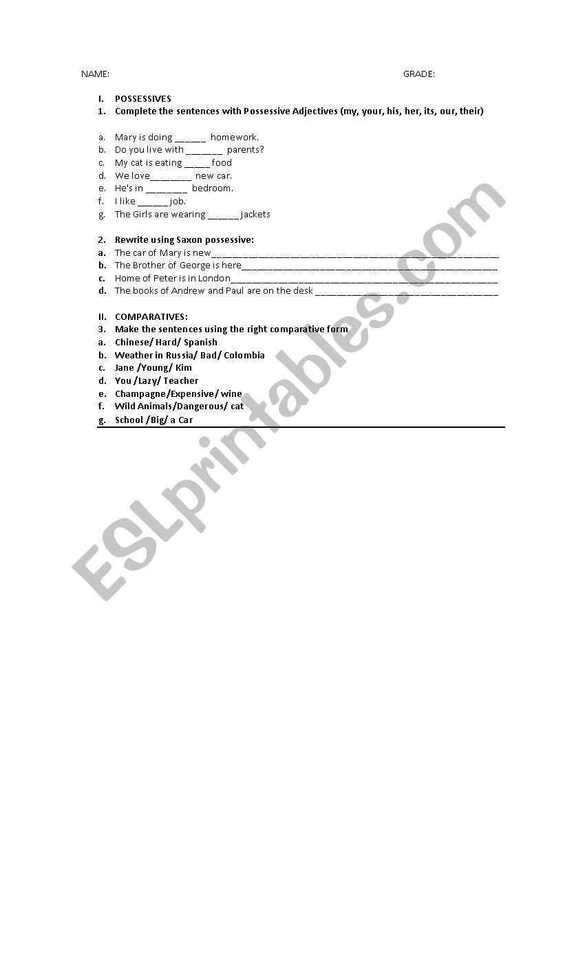 Possesives and comparatives  worksheet