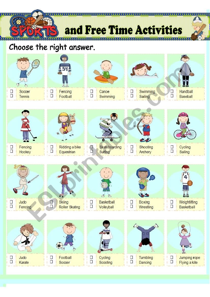 Free time activities - multiple choice worksheet