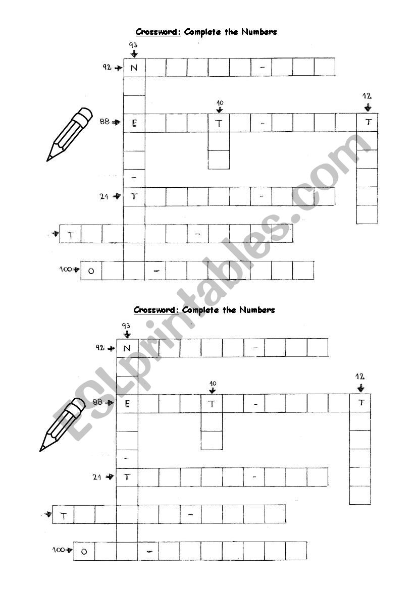 Crossword on Numbers (1-100) worksheet