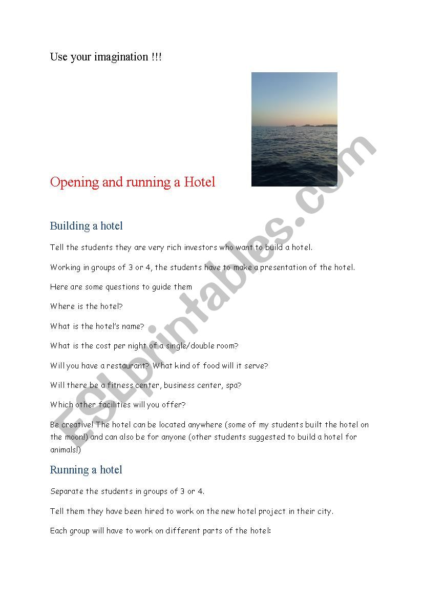 Opening and running a hotel worksheet