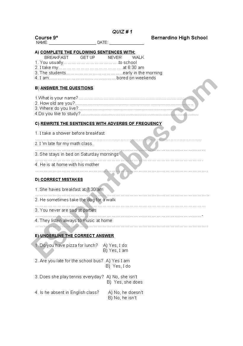 adverbs of frequency worksheet