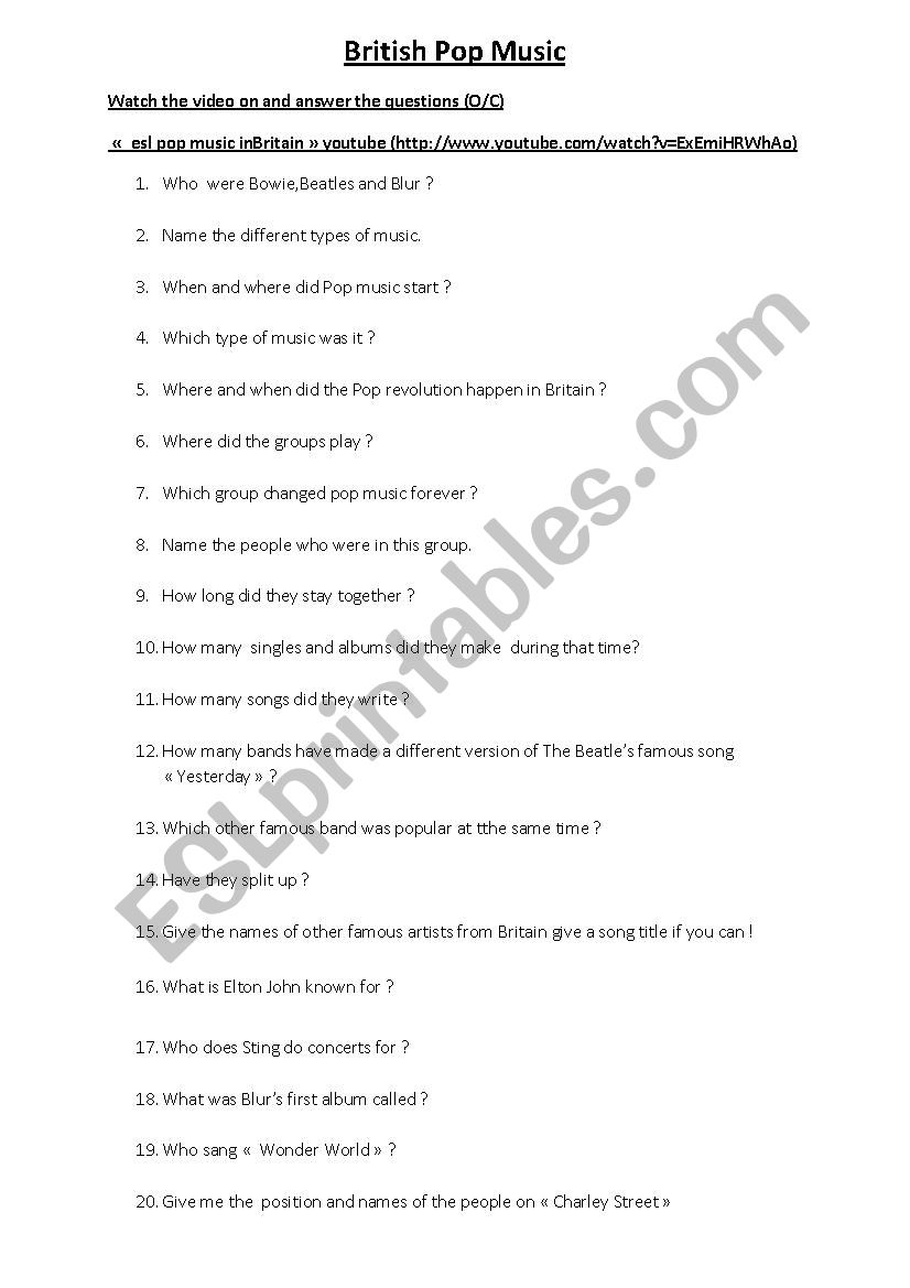 Pop Music in Britain (part 1) worksheet