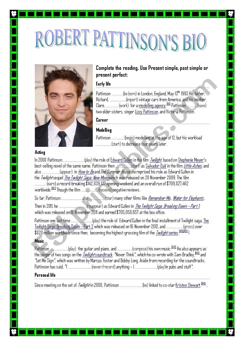 Robert Pattinsons biography worksheet