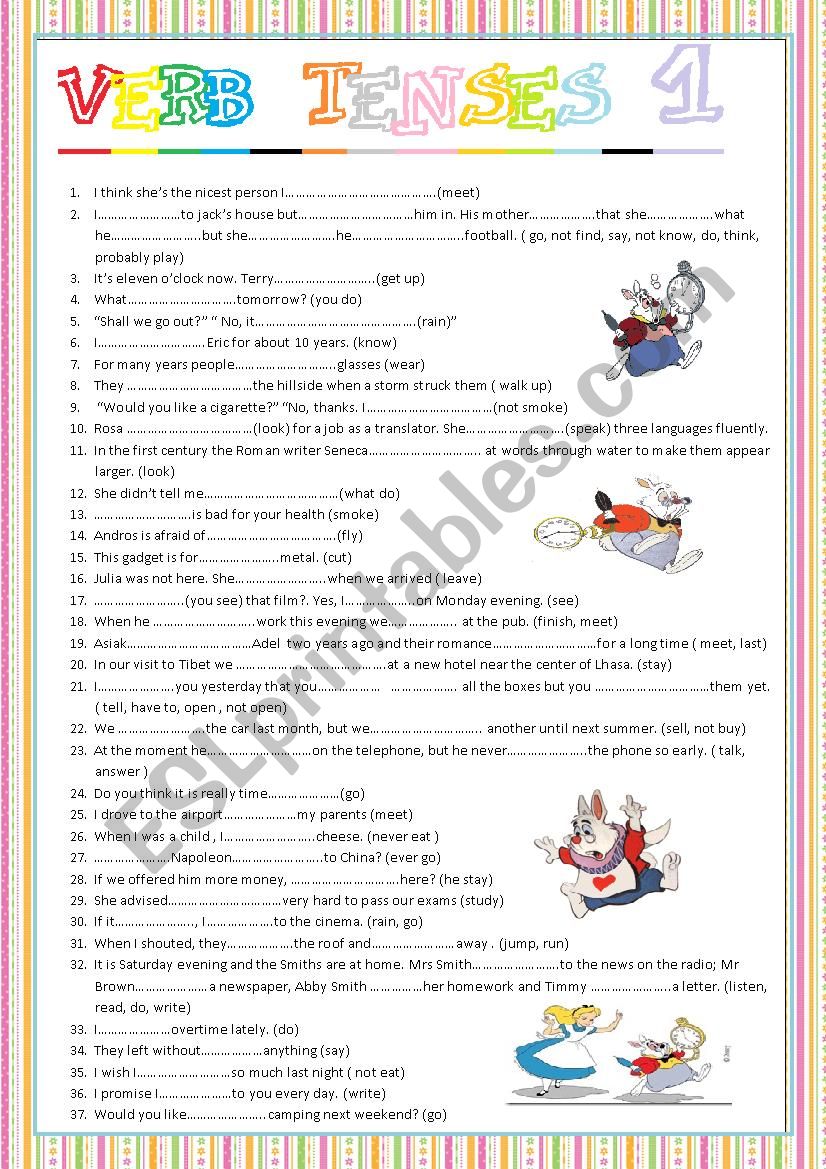 verb tenses -1  with key worksheet