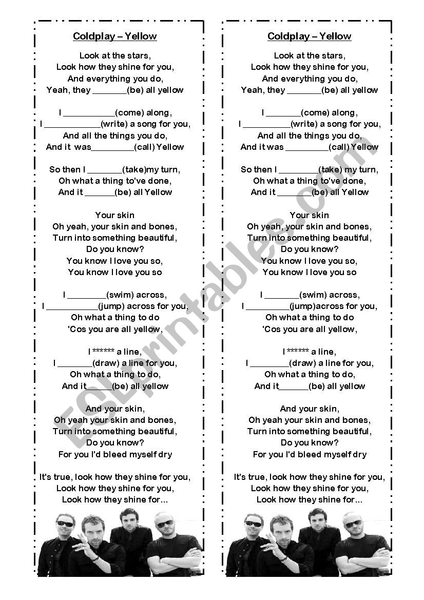 yellow by coldplay worksheet