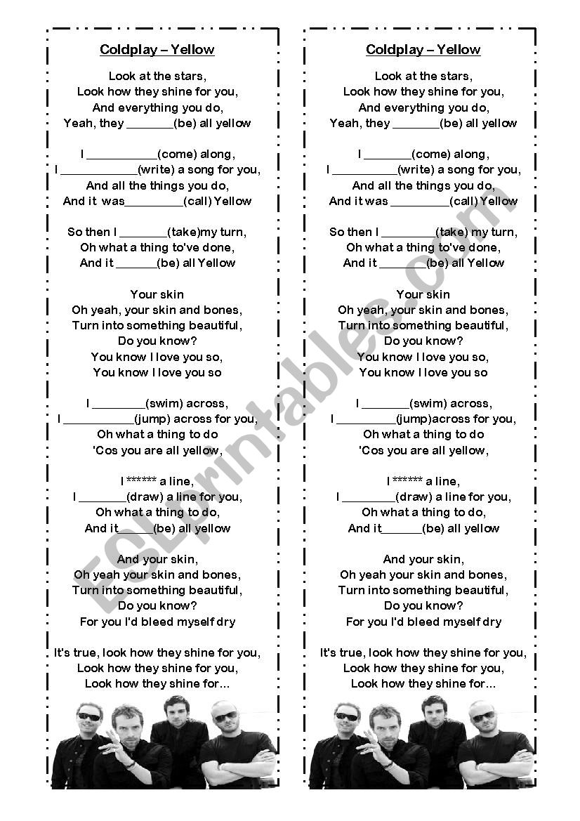 yellow by coldplay worksheet