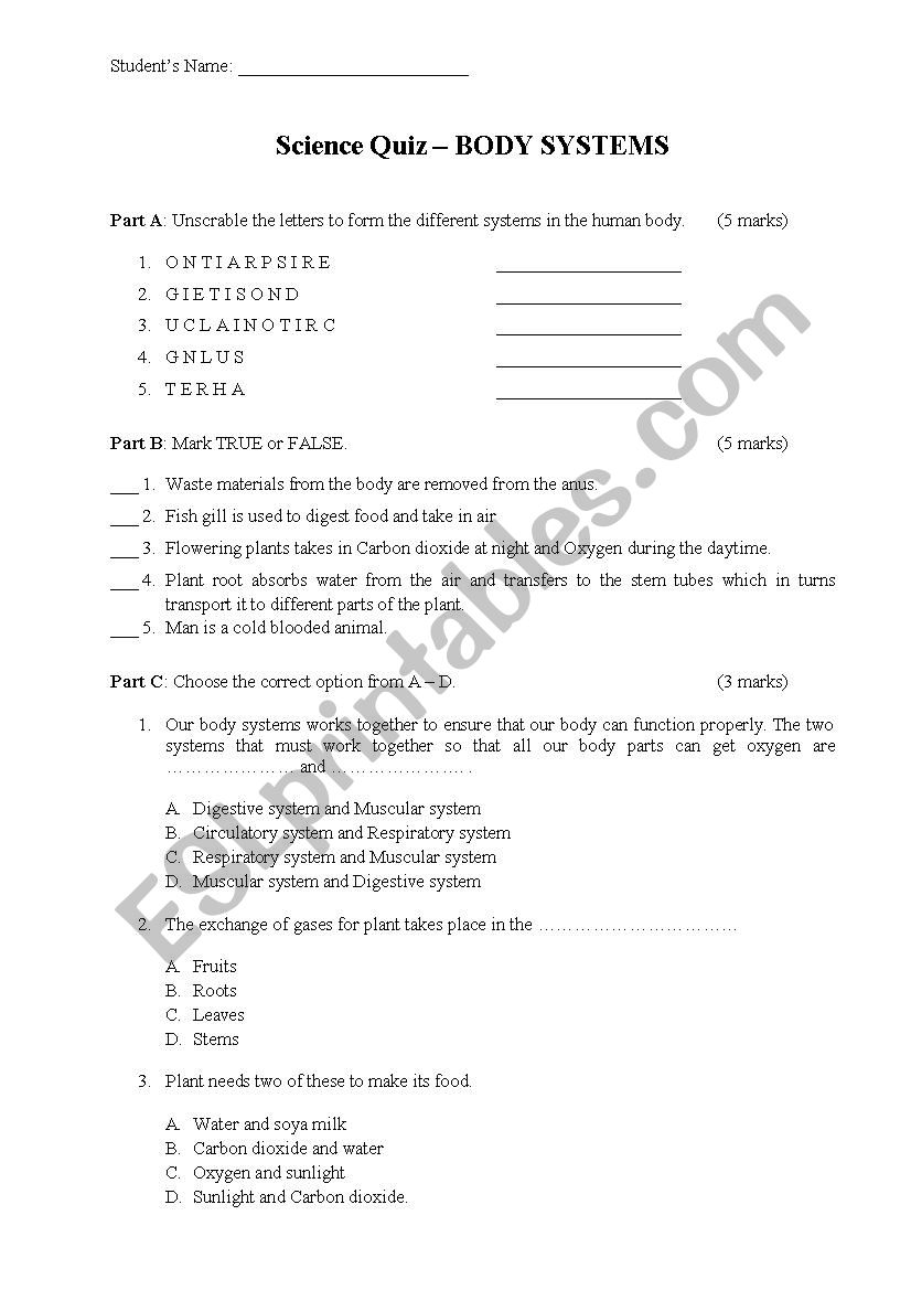 Science Quiz worksheet