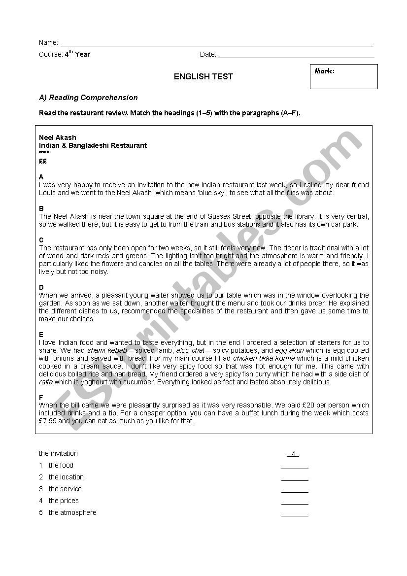 test for test total english worksheet