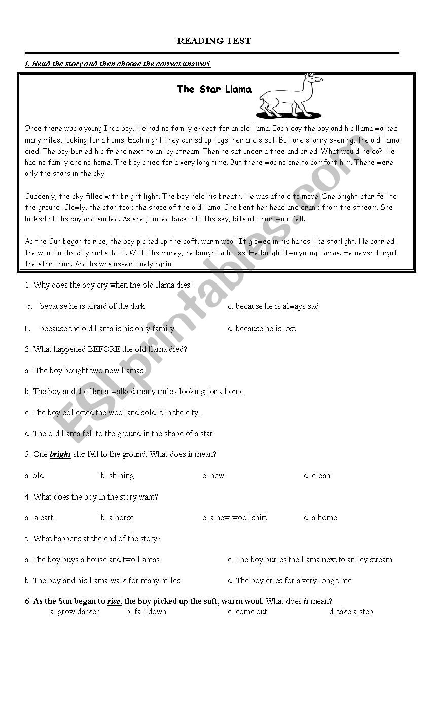 Reading Test worksheet