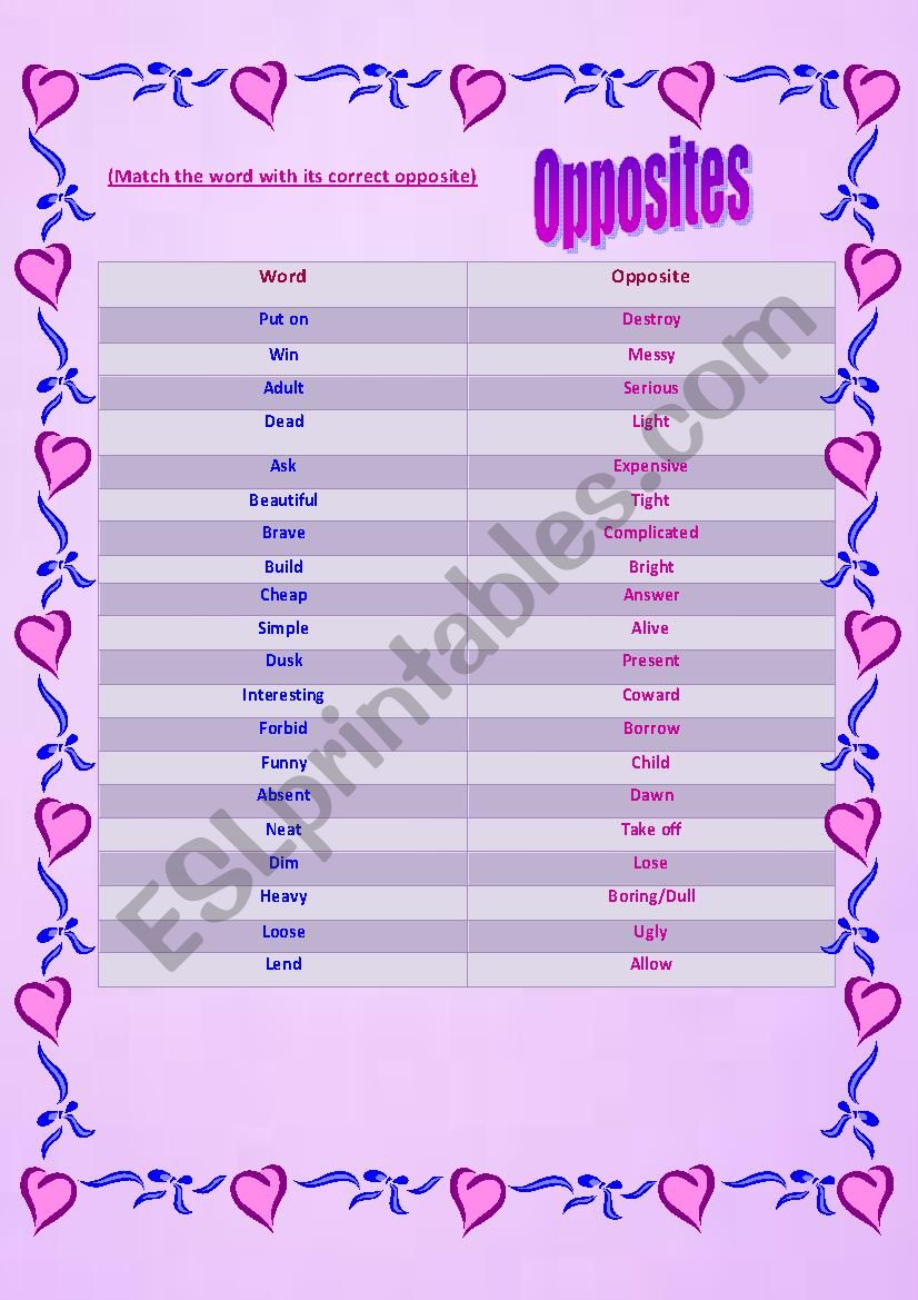 Opposites worksheet