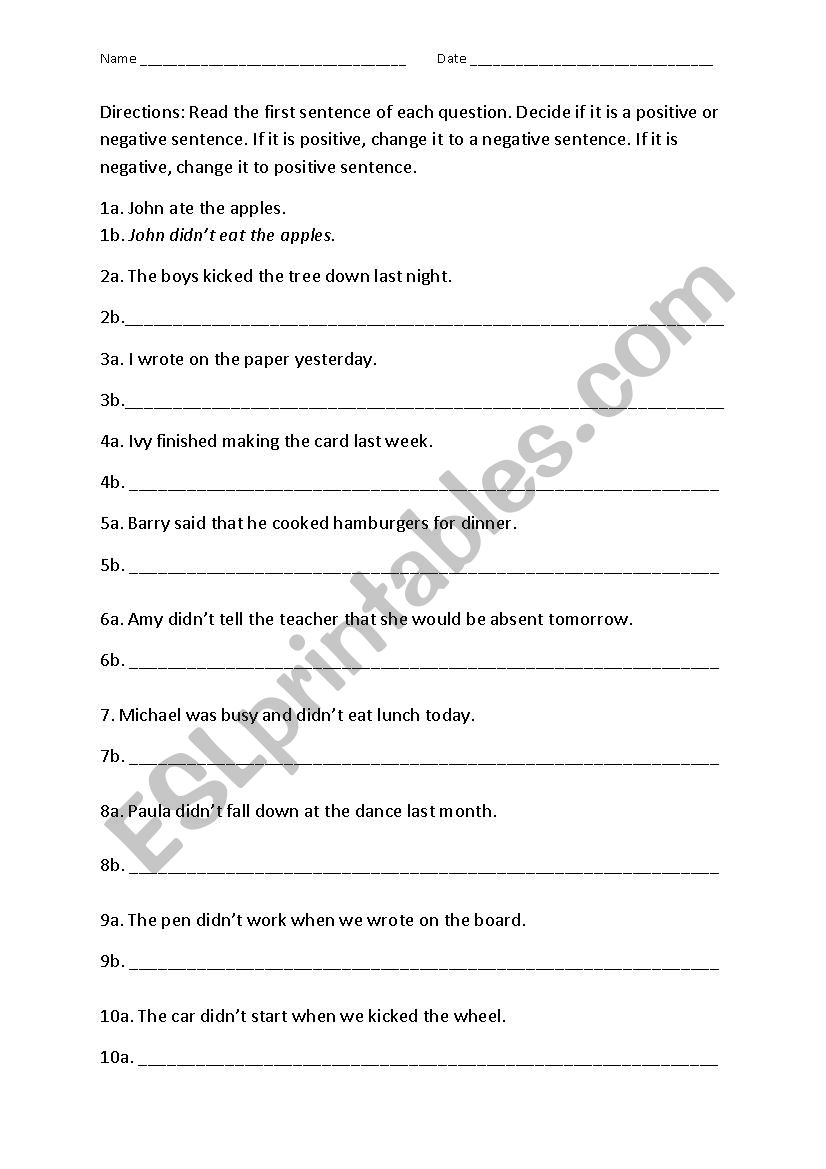 Did-Didn´t Negating worksheet