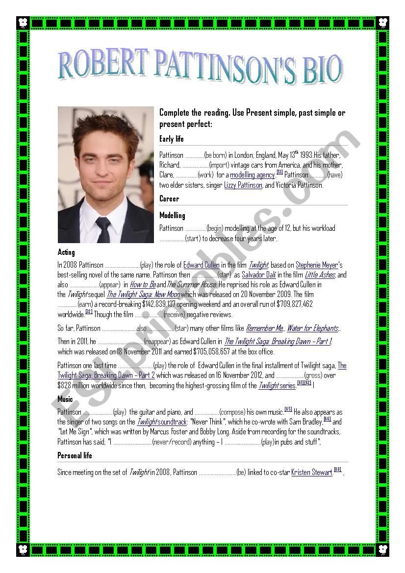 ROBERT PATTINSONS BIOGRAPHY worksheet