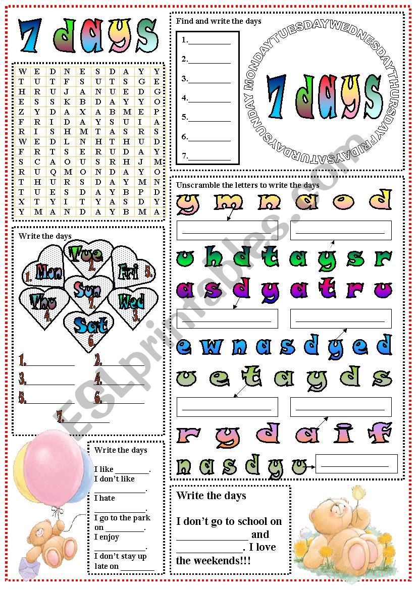 7 days worksheet