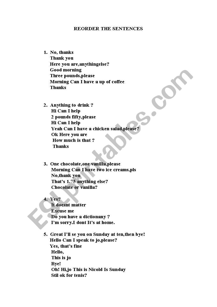 reorder the dialogues worksheet