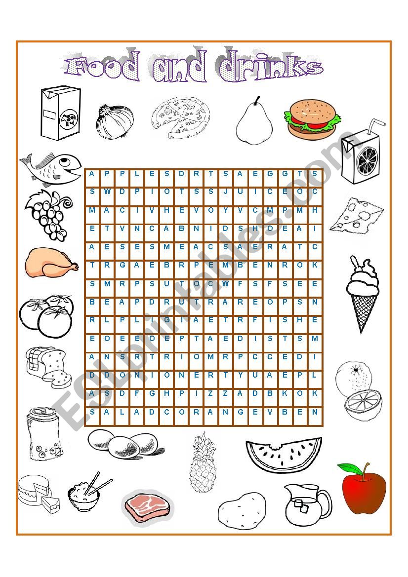 Wordsearch - food and drinks worksheet