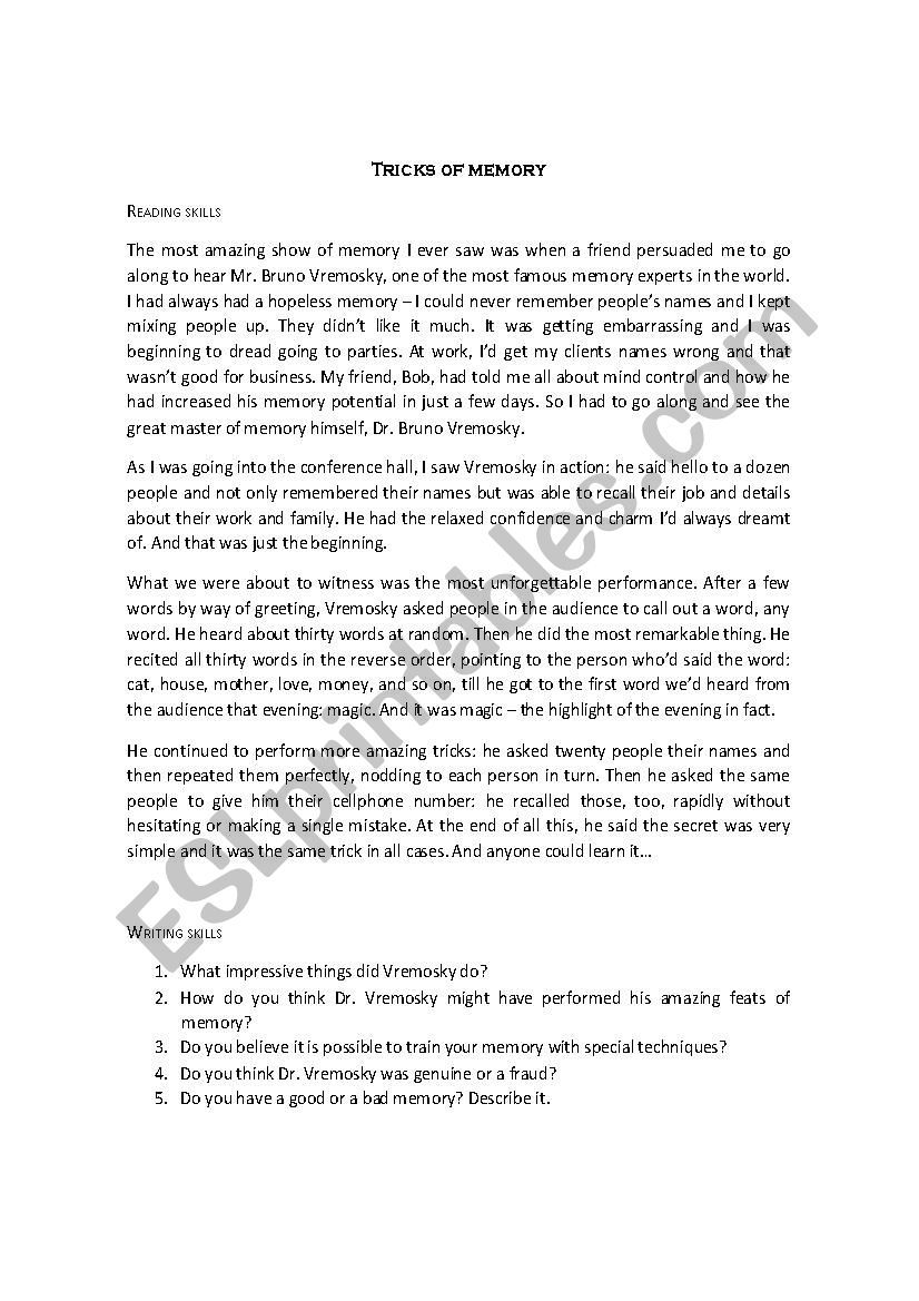 Tricks of memory worksheet