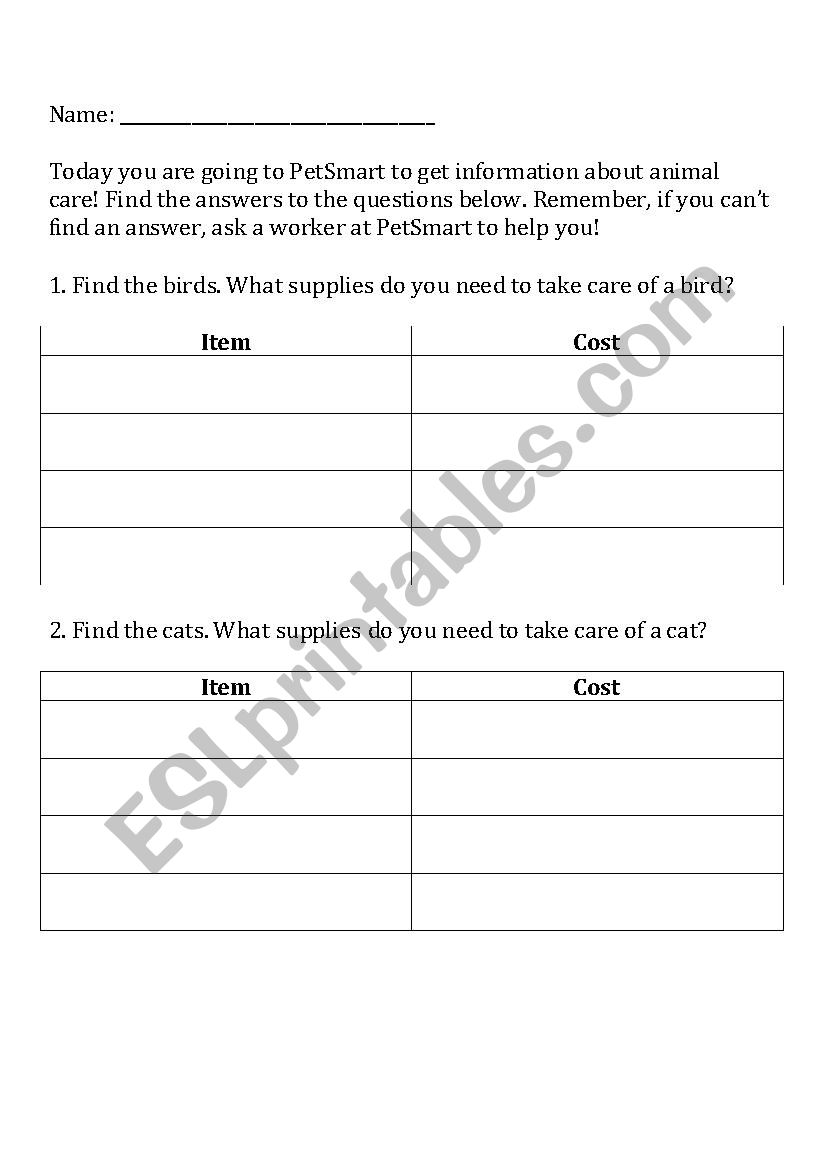 Pet Store Worksheet worksheet