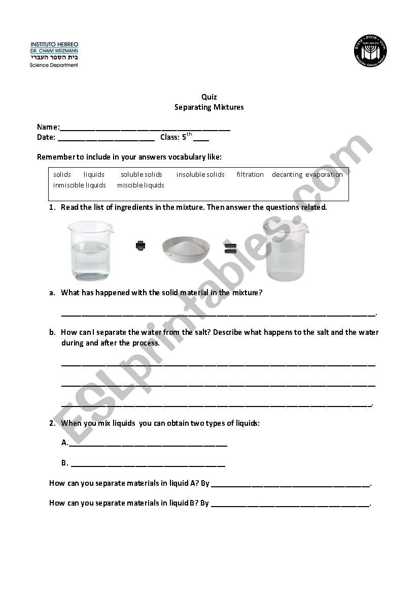 Separating Mixtures - ESL worksheet by monicavera Inside Separation Of Mixtures Worksheet