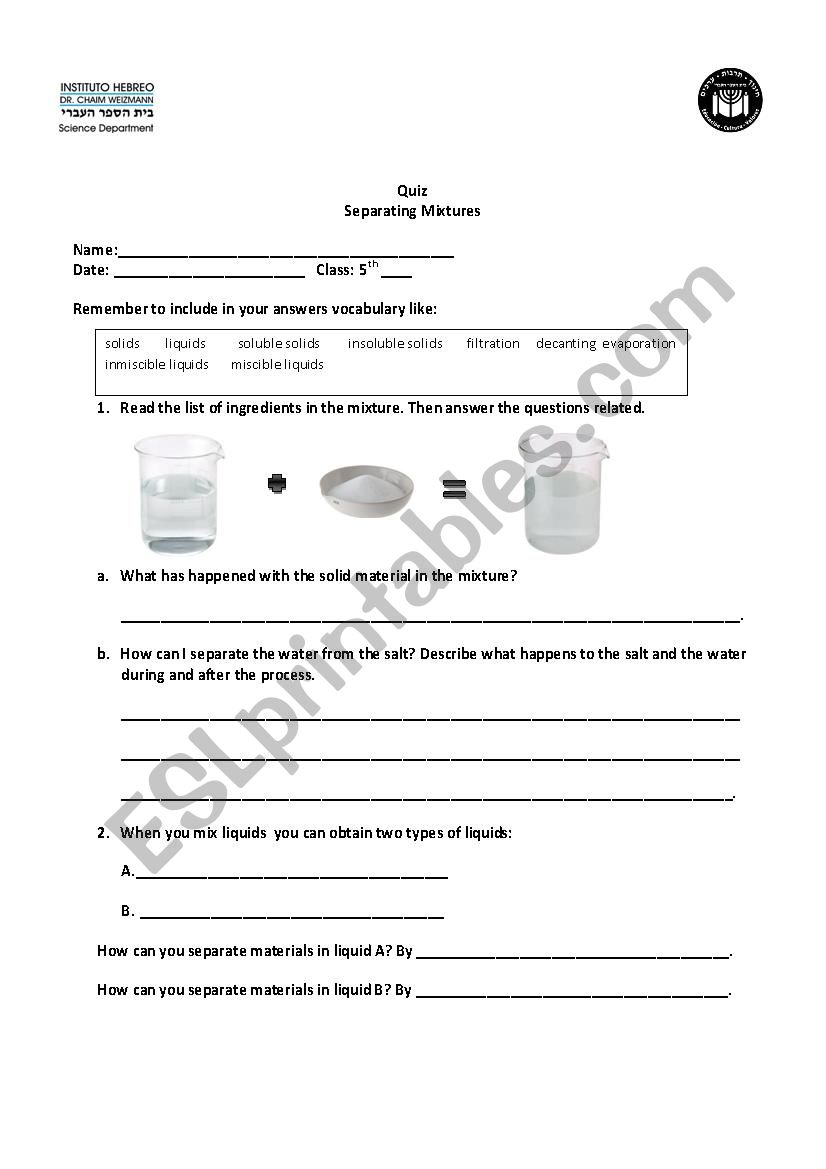 Separating Mixtures ESL Worksheet By Monicavera