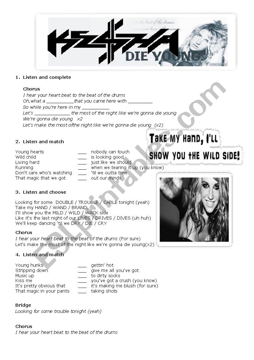 Die Young  Kesha worksheet